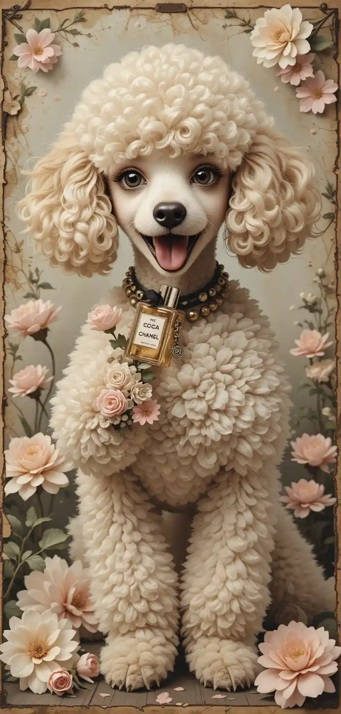 Happy poodle holding perfume with flowers in spring