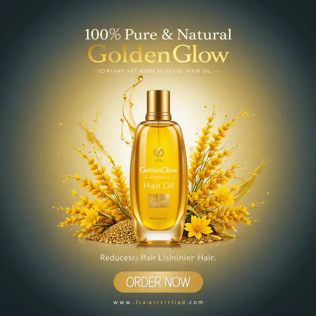 Golden mustard hair oil bottle on glowing gradient background