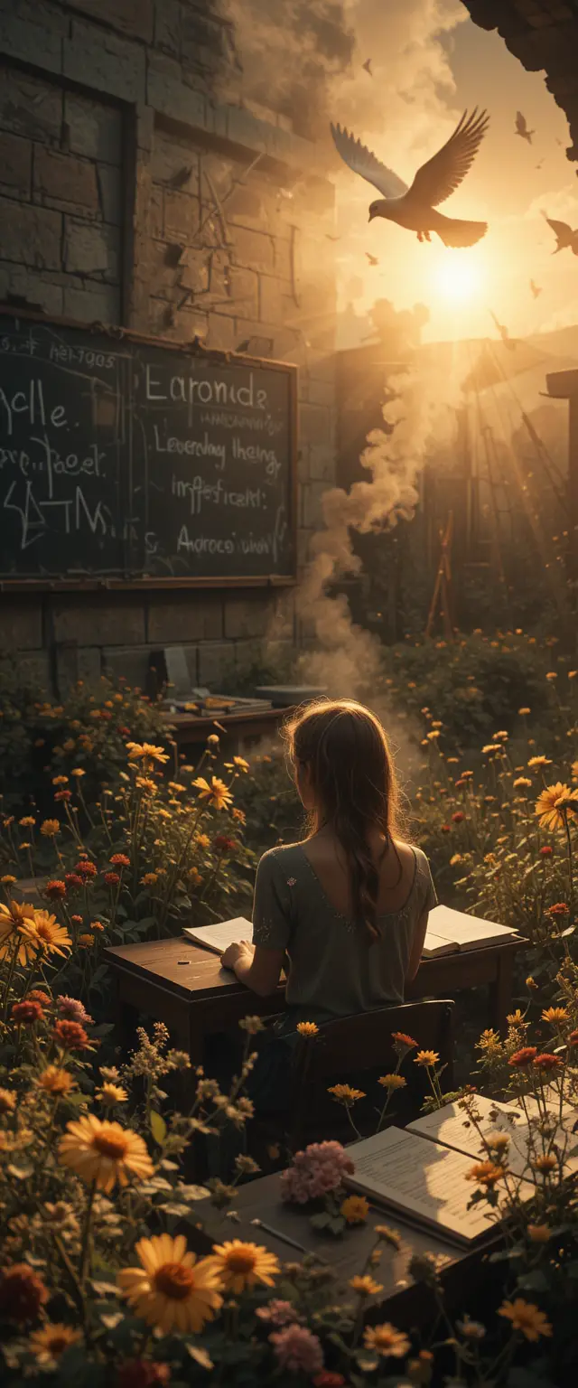 Girl studying in damaged bunker classroom at sunset