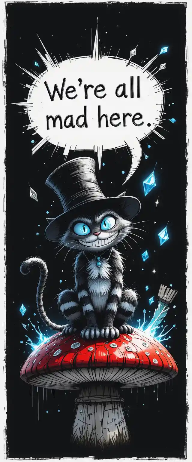 Playful cheshire cat on a giant red mushroom