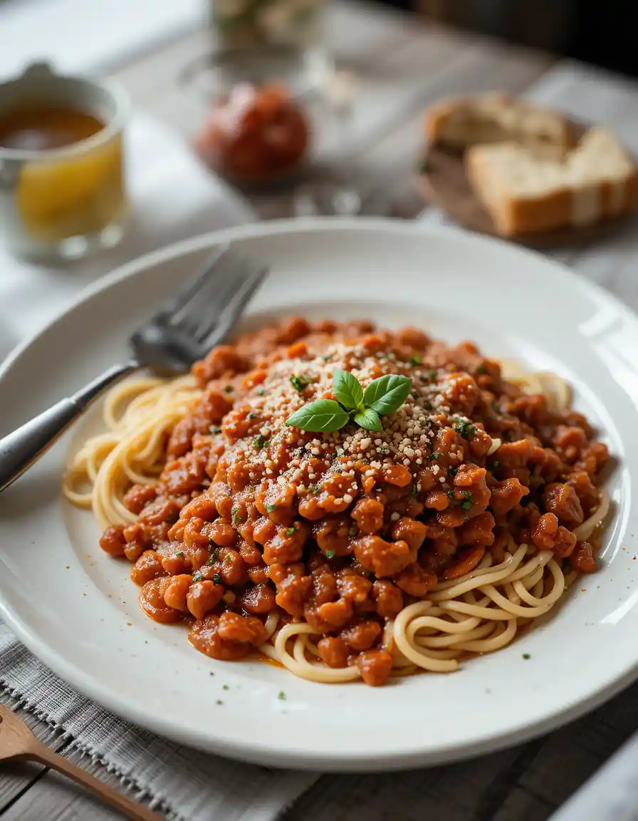 Fresh pasta bolognese on a table with cutlery