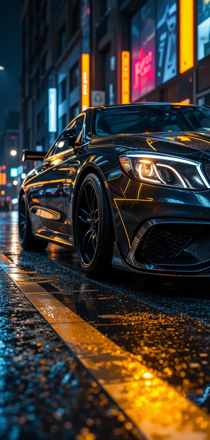 Matte Black Luxury Car On Neon Lit Wet City Street