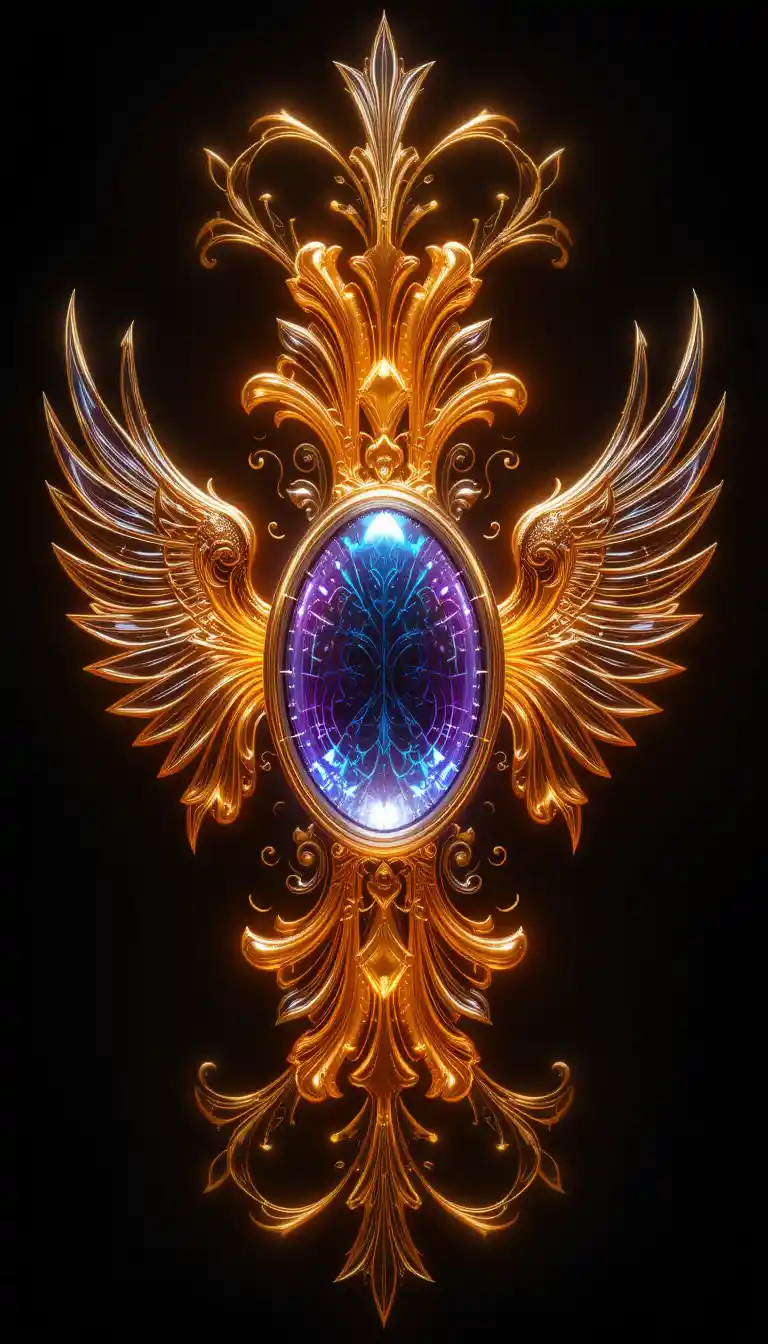 Abstract 3d winged emblem with glowing central oval