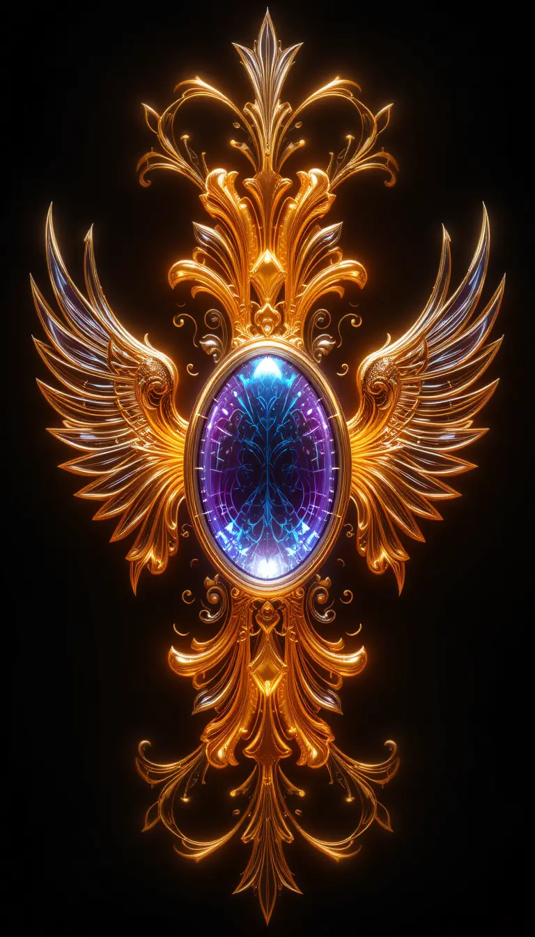 Abstract 3d winged emblem with glowing central oval