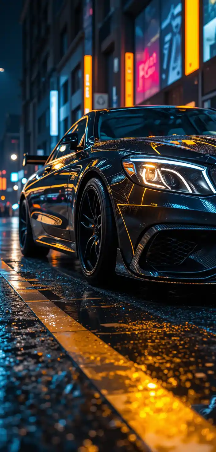 Matte Black Luxury Car On Neon Lit Wet City Street