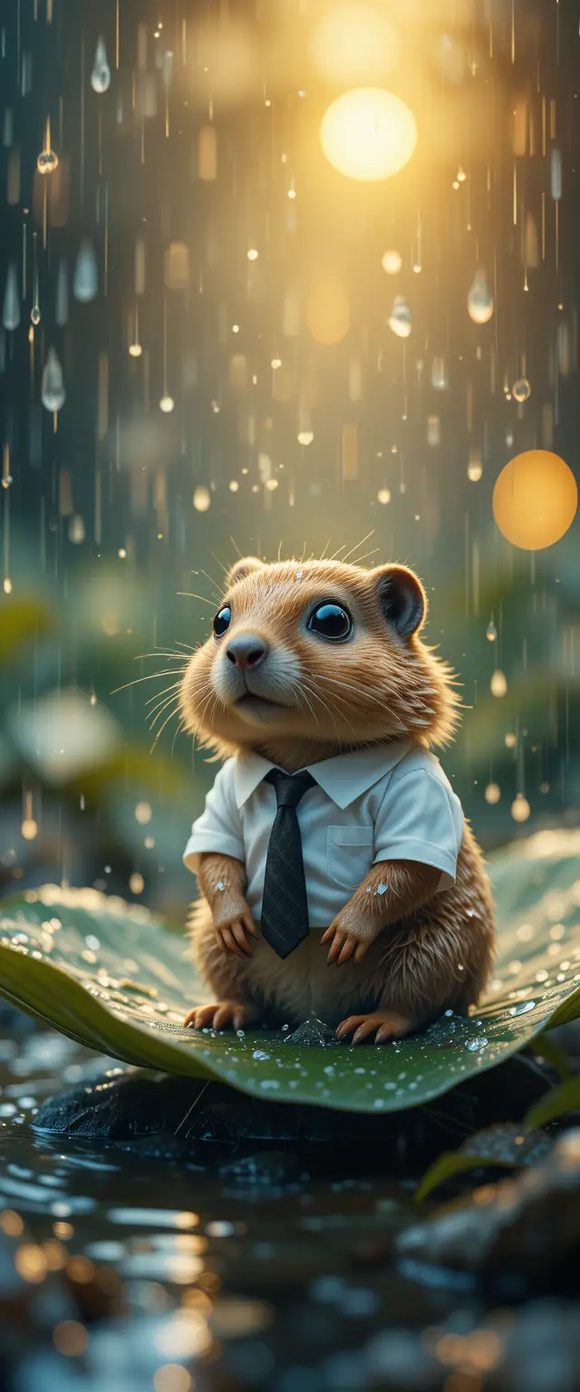 Chibi groundhog on a wet leaf in the rain