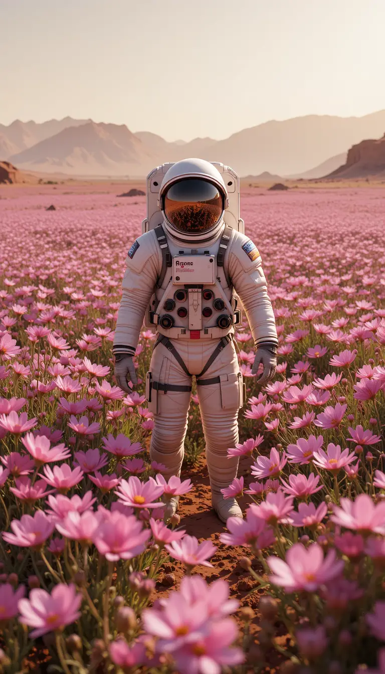 Astronaut standing in pink cosmos flowers on Mars