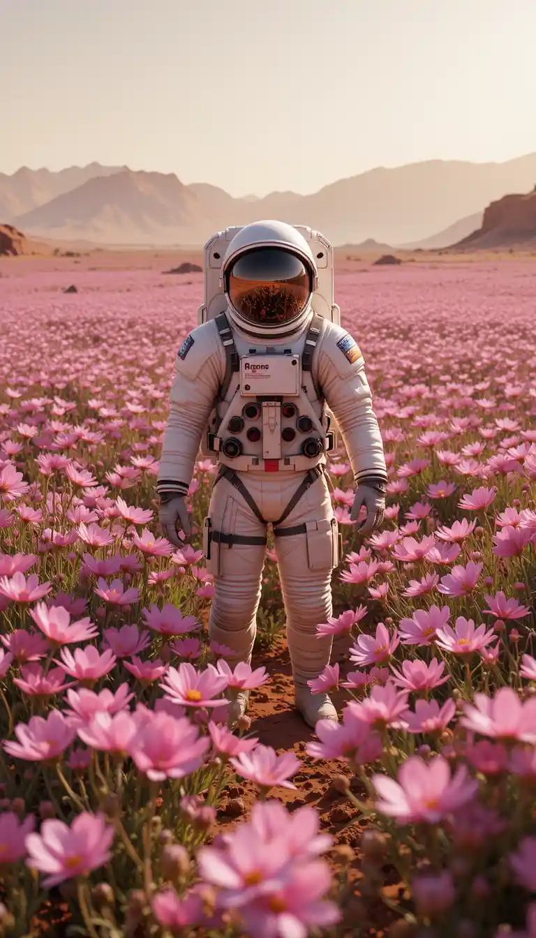 Astronauta em pé entre flores cor‑de‑rosa de cosmos em Marte