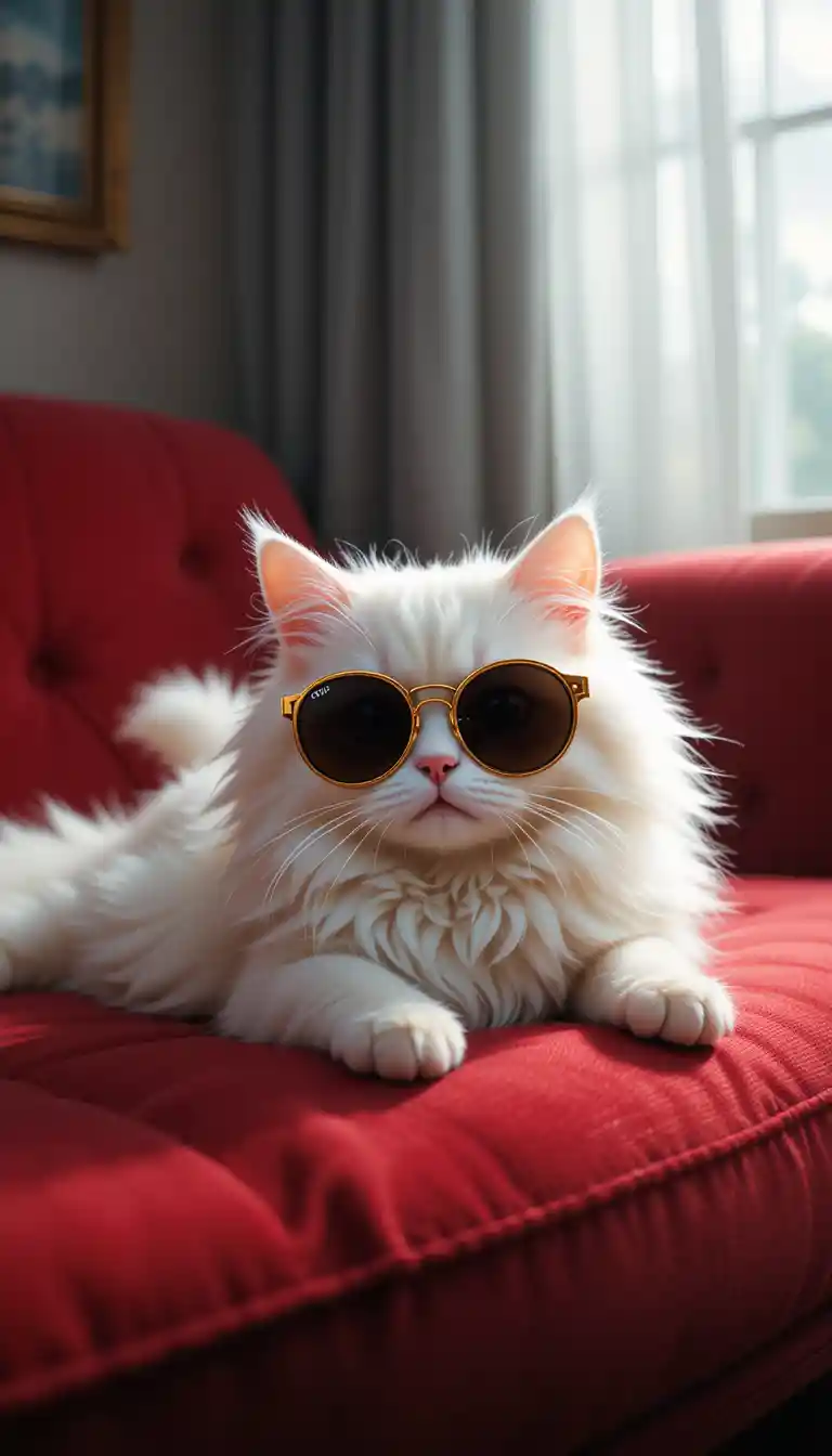 Fluffy White Cat In Gold Sunglasses On Red Velvet Sofa