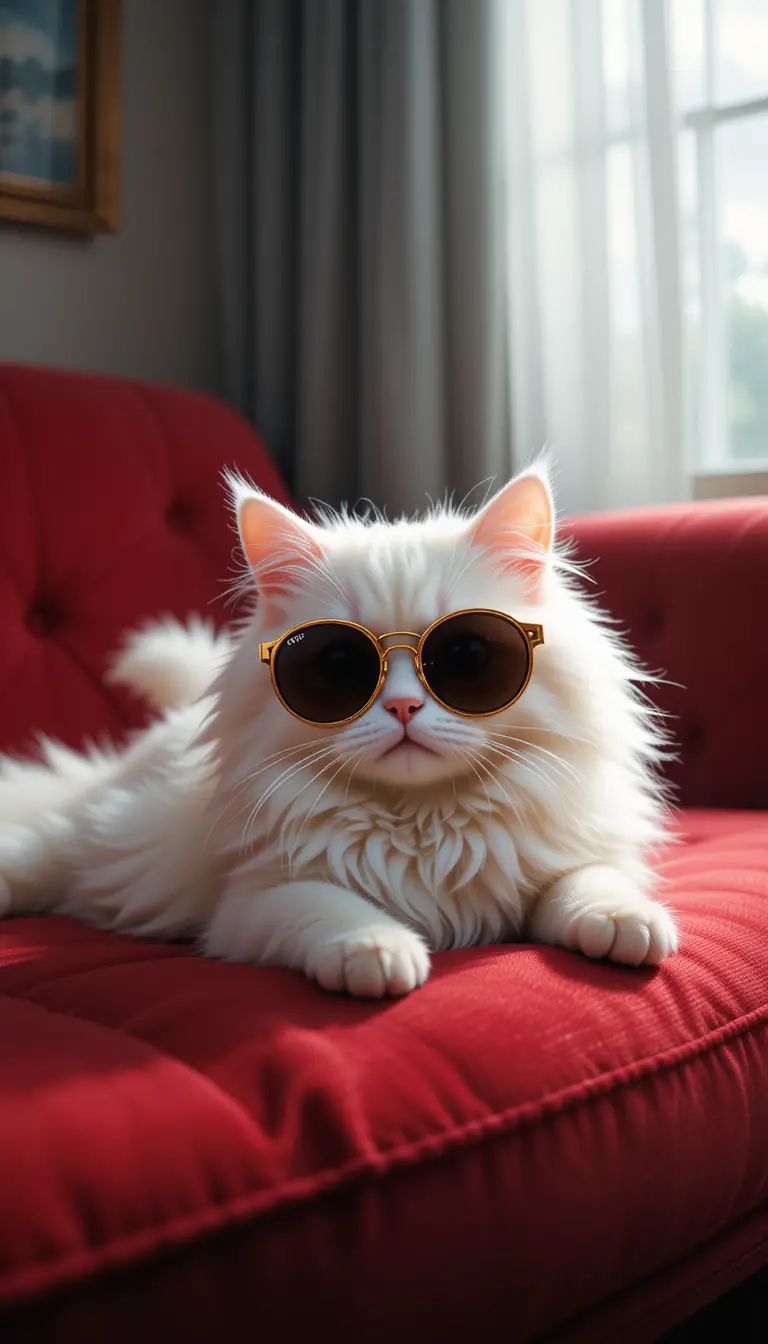 Fluffy White Cat In Gold Sunglasses On Red Velvet Sofa
