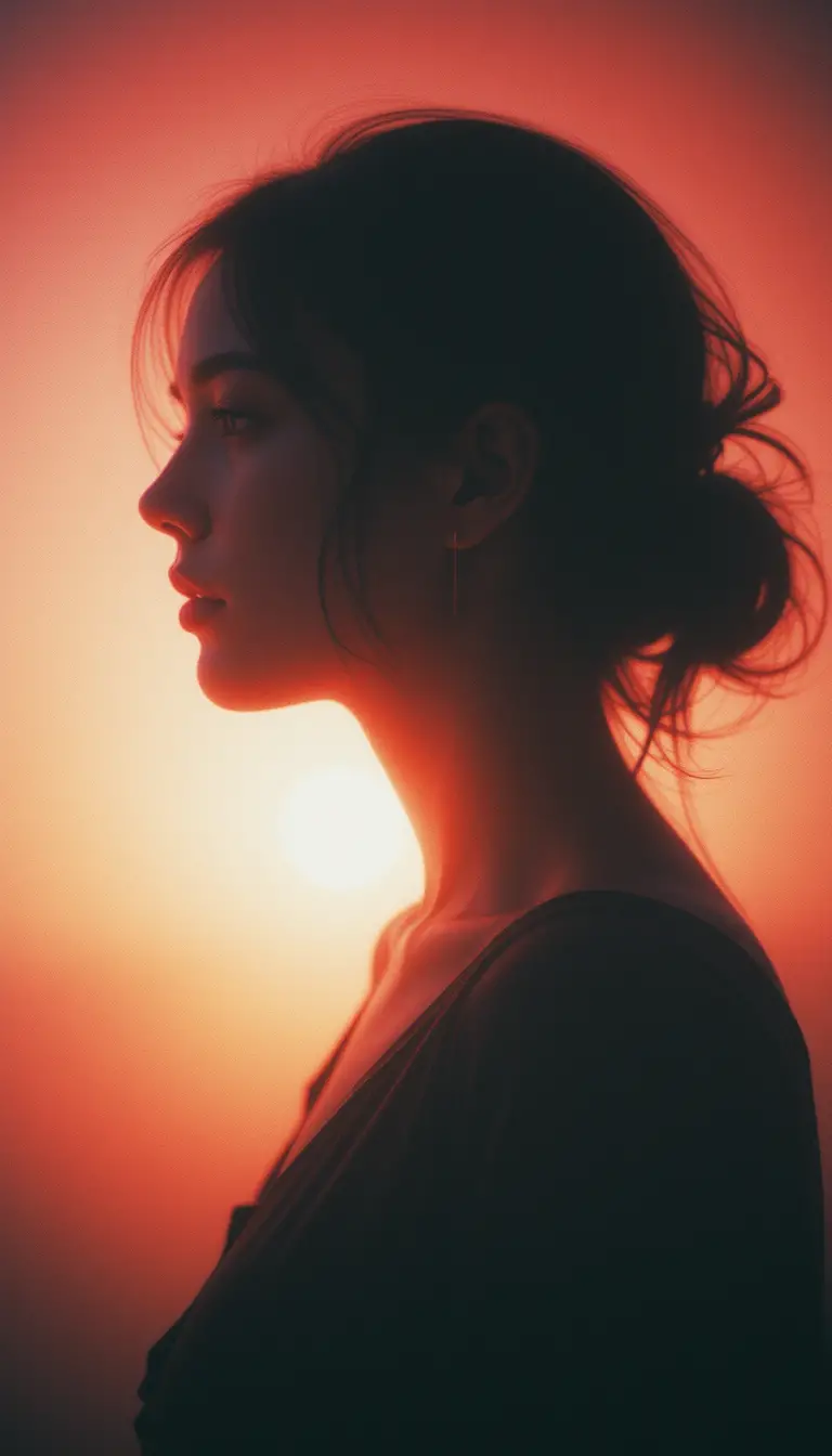 Woman portrait with ghostly double exposure in warm light