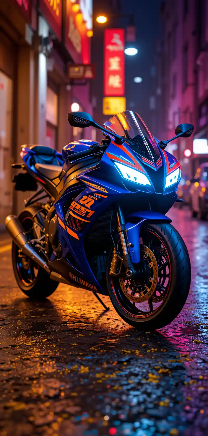 Blue yamaha motorcycle on neon lit wet city street