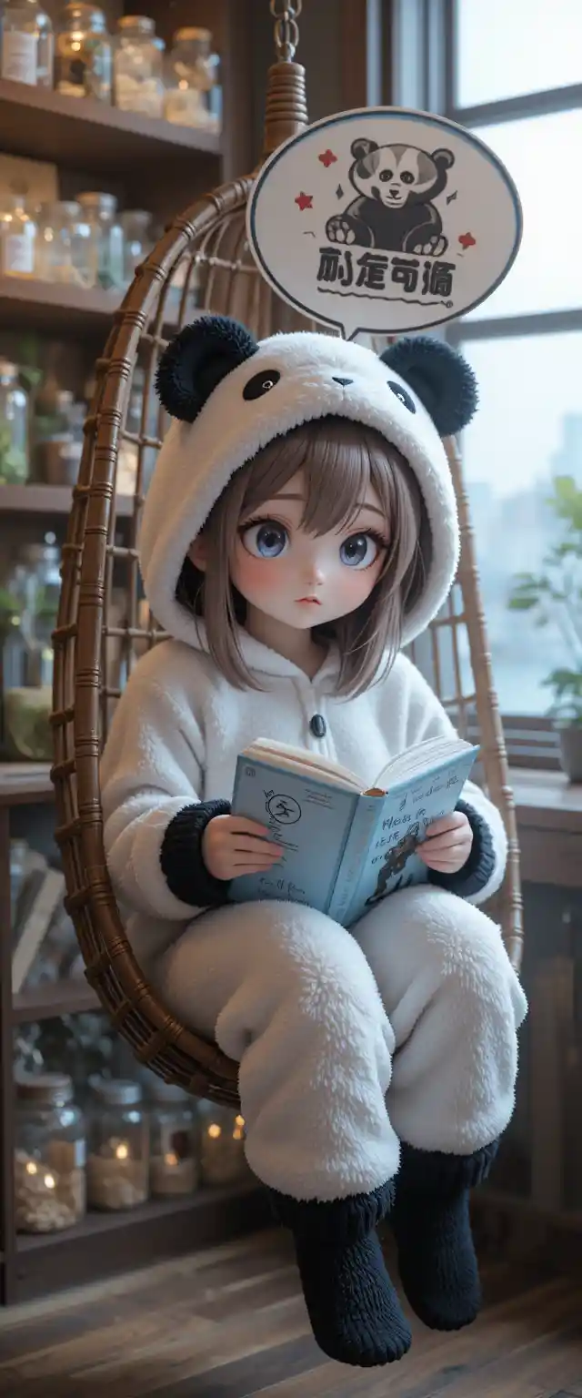 Cute girl in panda onesie curled in a hanging chair