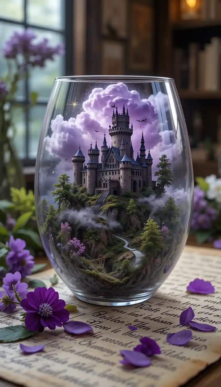 Cube de verre à vin antique révélant forêt enchantée et château