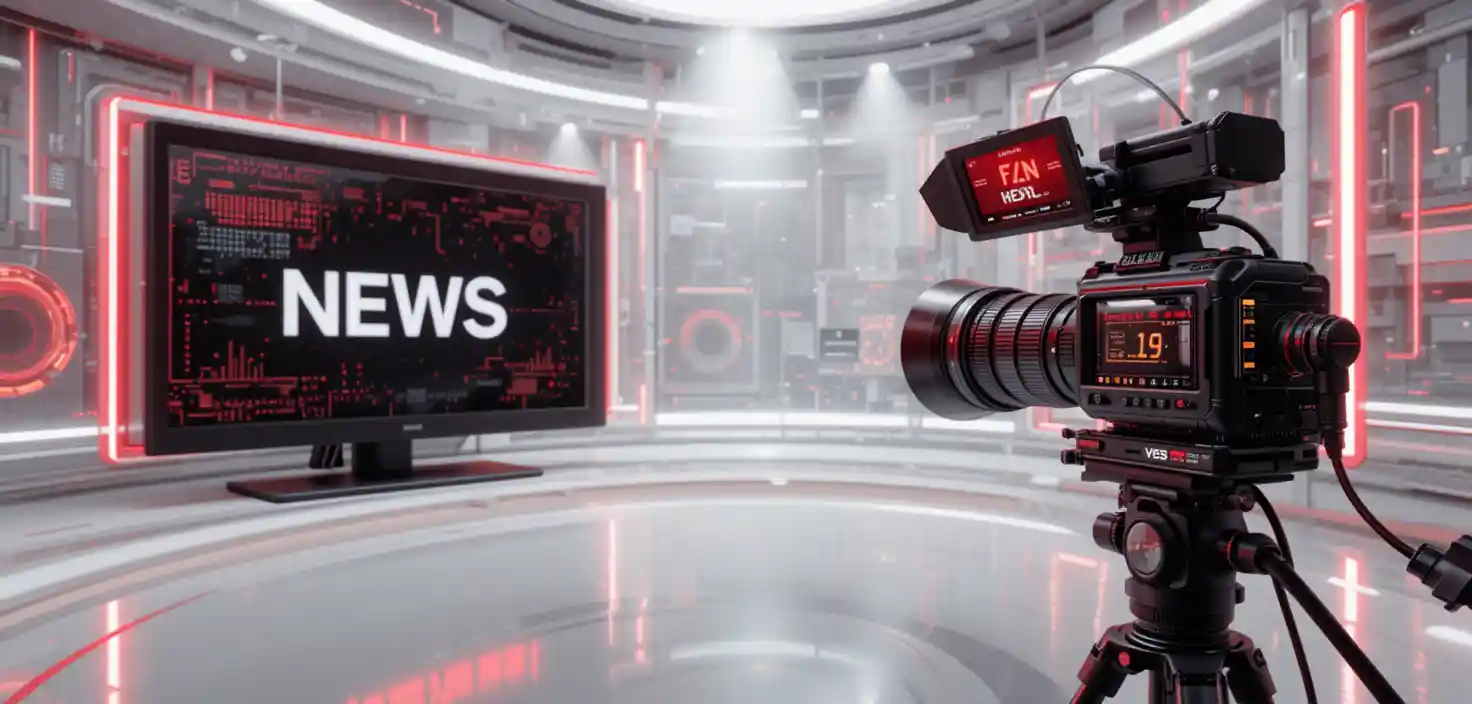 Copertina astratta di canale news con videocamera TV e microfono