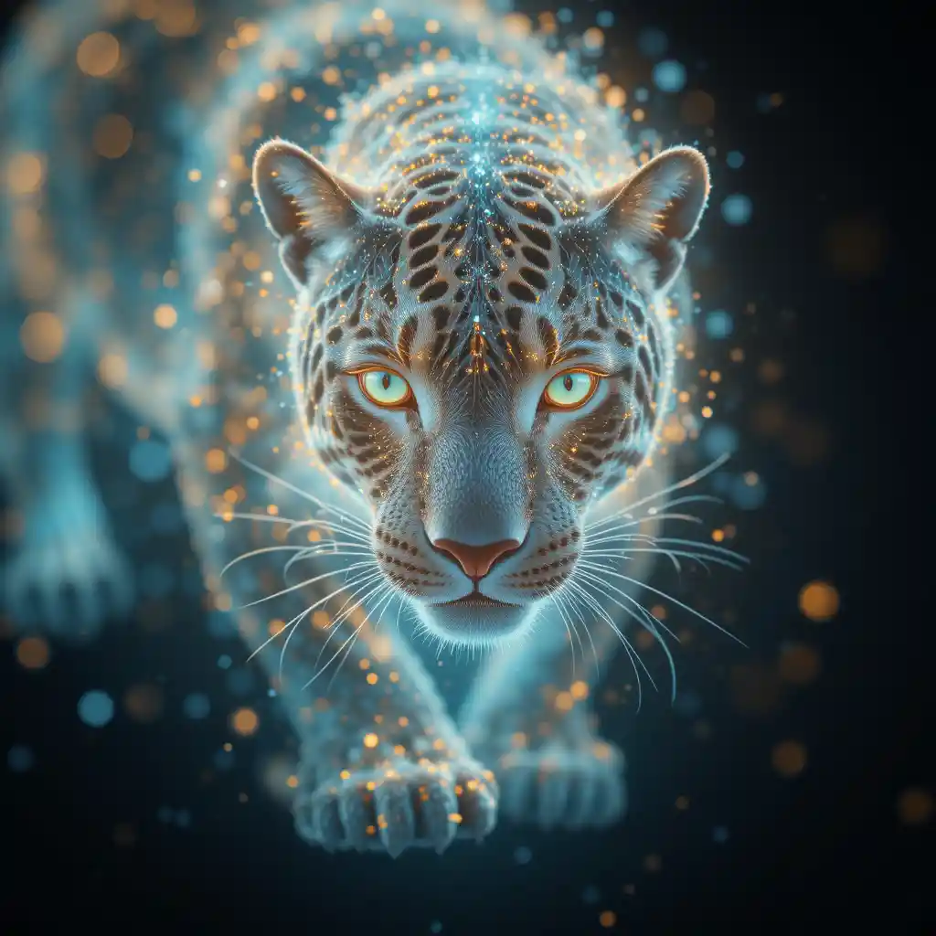 Jaguar Dissolving Into Glowing Cyan Particle Swarm