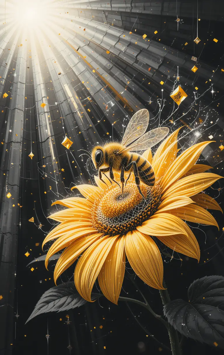 Dynamic bee illustration with sunflower and glowing mosaic