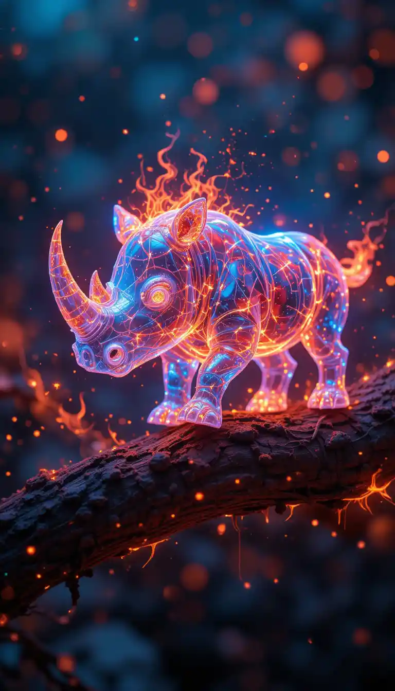 Glowing Fire Rhinoceros In Surreal Double Exposure Art