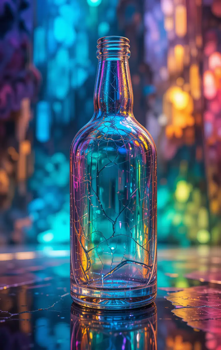 Colorful glass bottle with reflections and abstract background