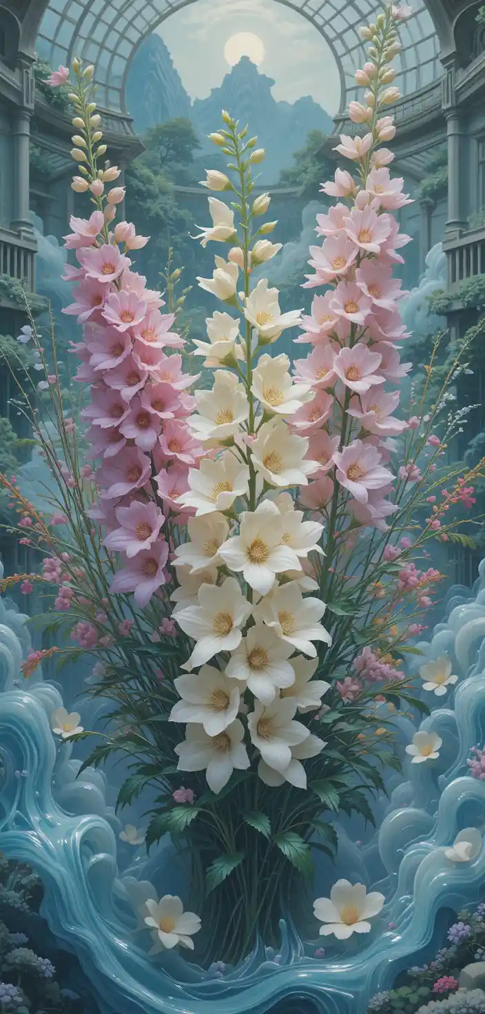 Delphinium flower bouquet in a surreal zoo enclosure