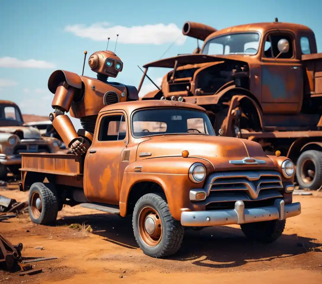 Cute rusted robot repairing a classic pickup truck