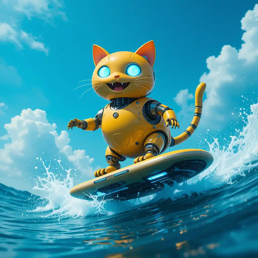 Robotic yellow cat surfing a hoverboard above ocean waves