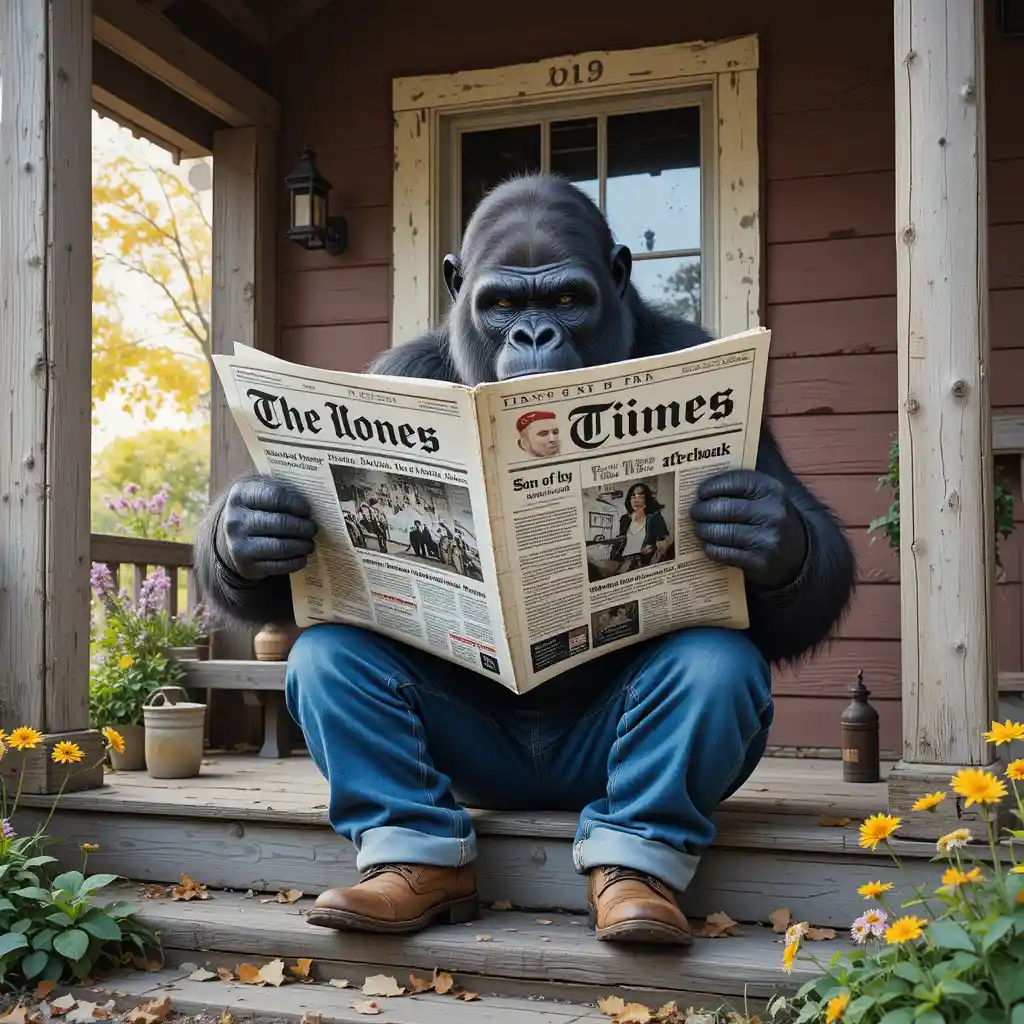 Gorilla in Jeans liest Zeitung auf bunter Bauernhofveranda