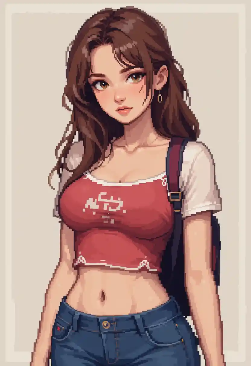 Retro pixel art of a cute brown haired schoolgirl