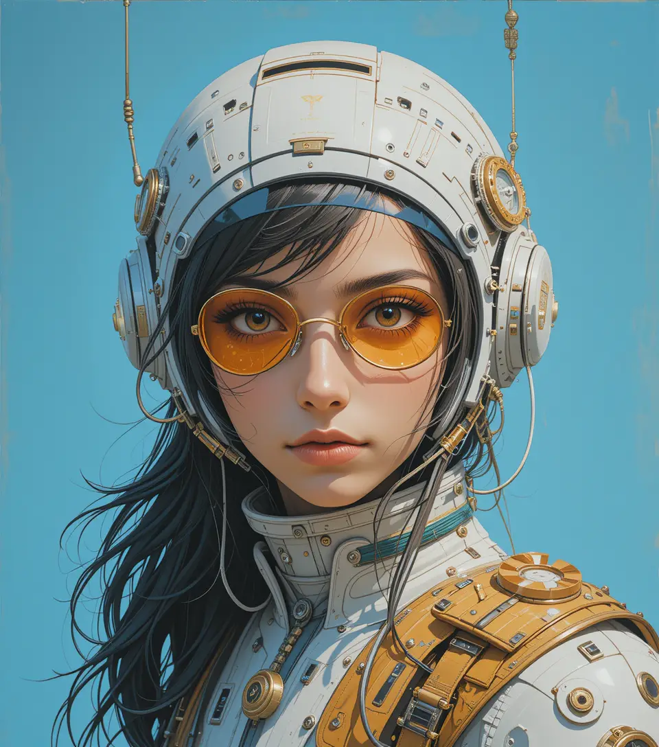 Futuristic woman pilot portrait in cyberpunk acrylic style