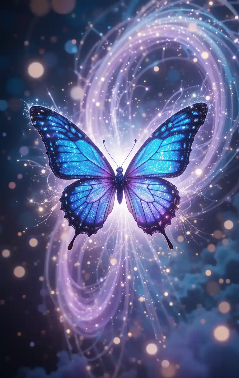 Schmetterling, der sich in einen irisierenden Lichtwirbel auflöst