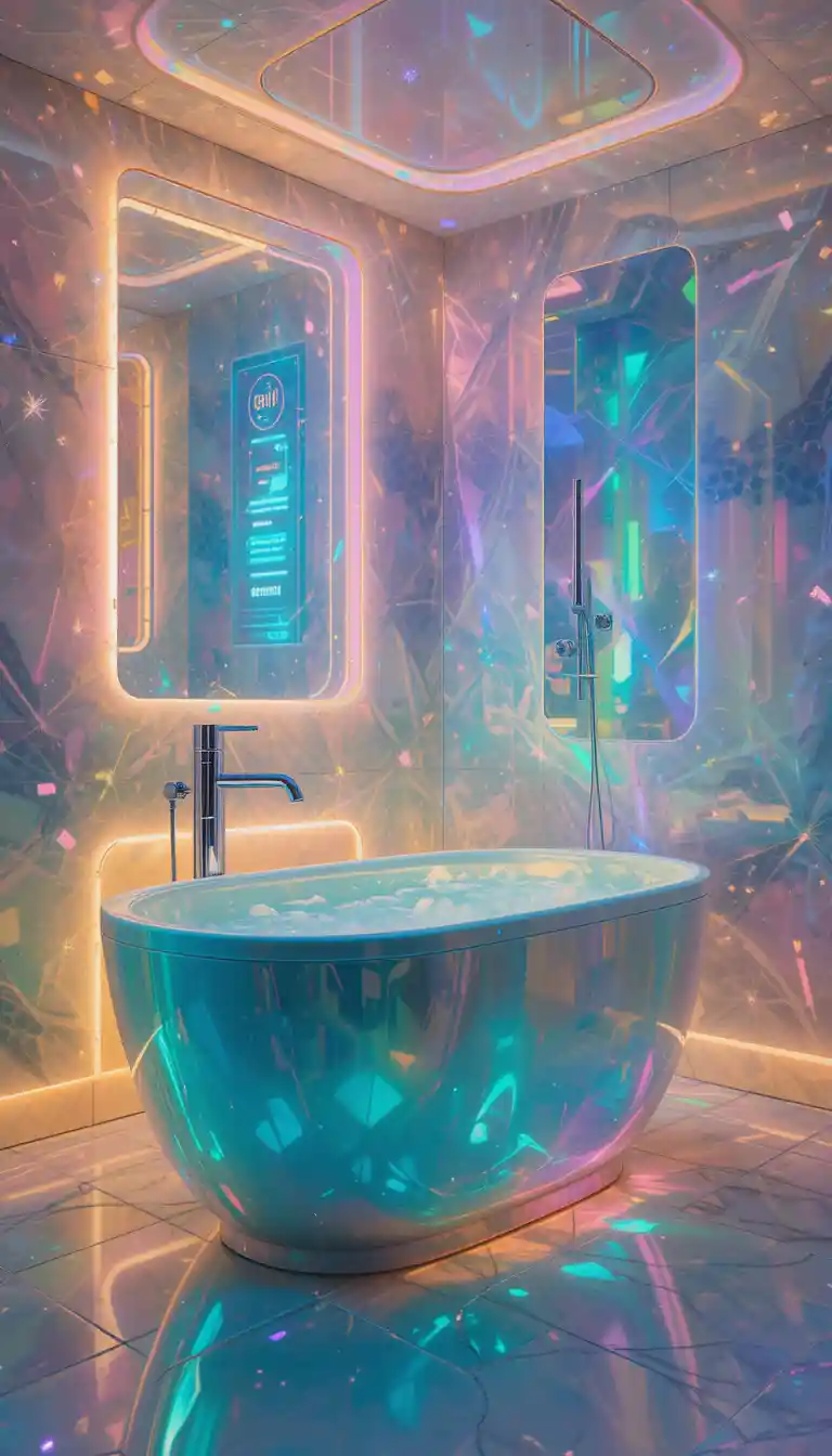Holographic Plush Bathroom With Neon Epoxy Surfaces