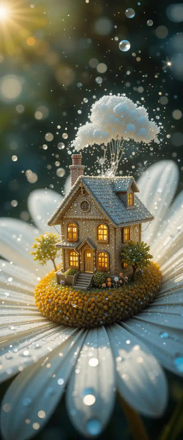 Dreamlike macro daisy with tiny farm and sparkling drops