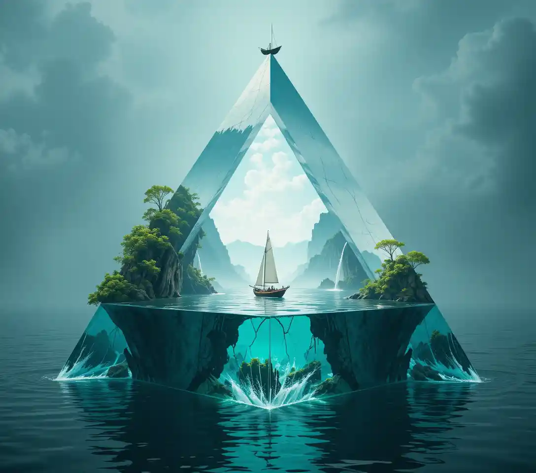 Triangular Water Prism With Boat And Lush Island Scene