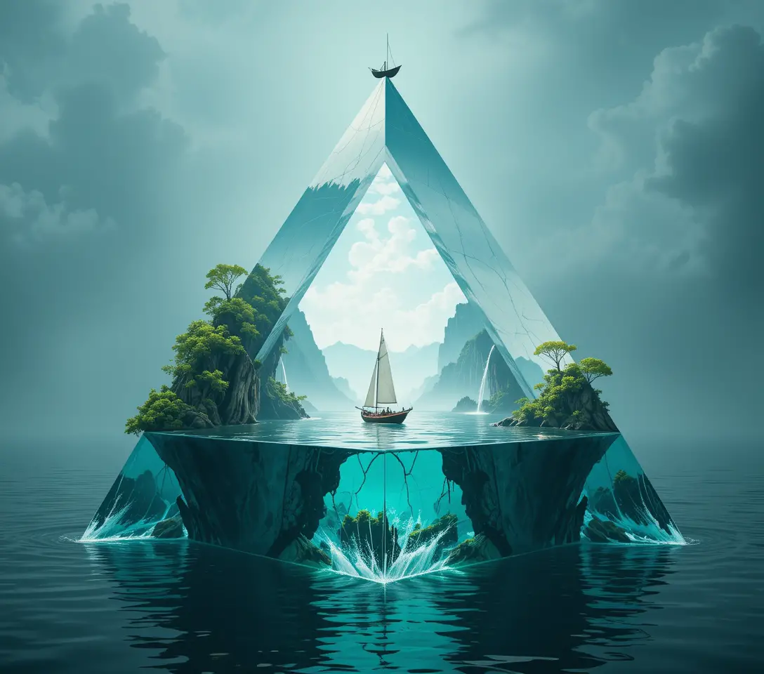 Triangular Water Prism With Boat And Lush Island Scene