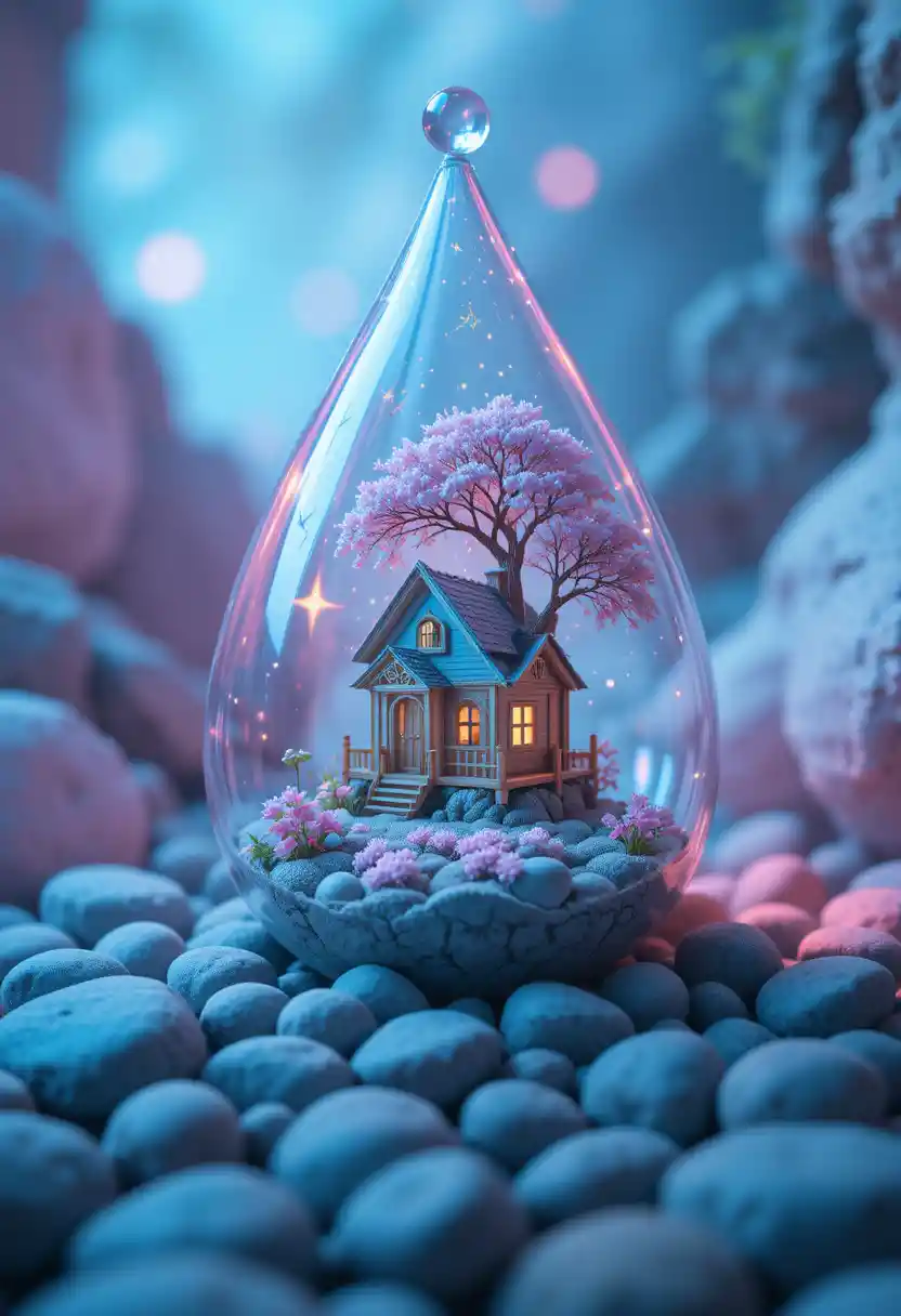 Tiny glass house and tree in surreal teardrop scene