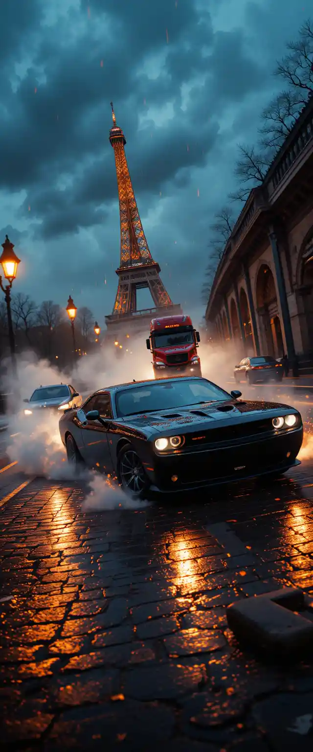 High speed car chase through rainy parisian streets