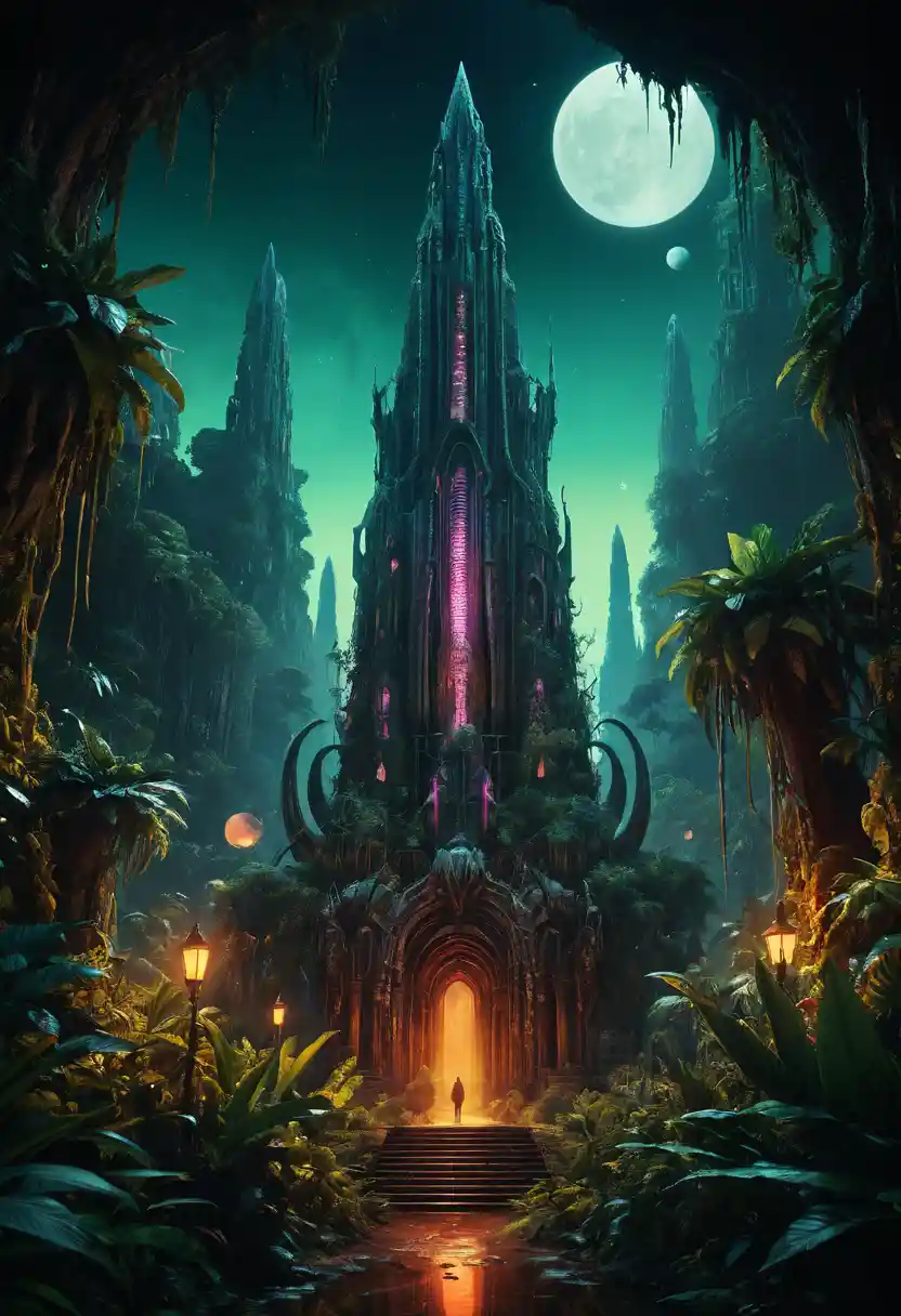 Eldritch neon creature rising in a dark jungle night
