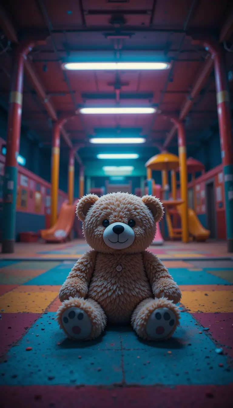 Fluffy teddy bear in eerie liminal playground hallway