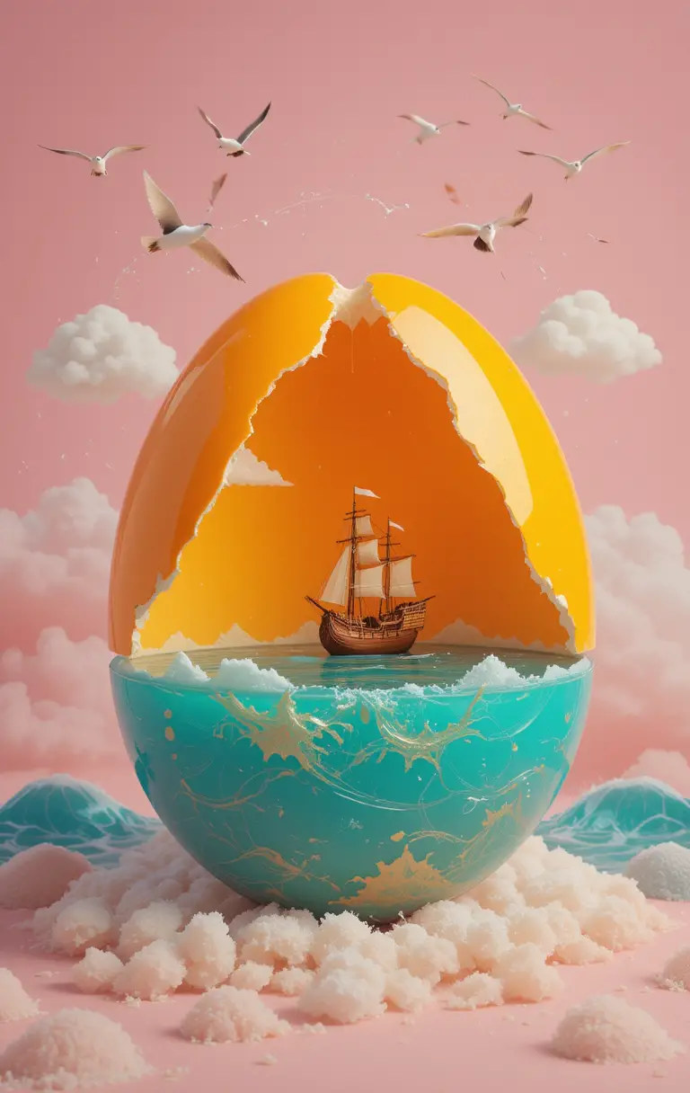 Surreal Orange Egg Revealing A Tranquil Ocean World