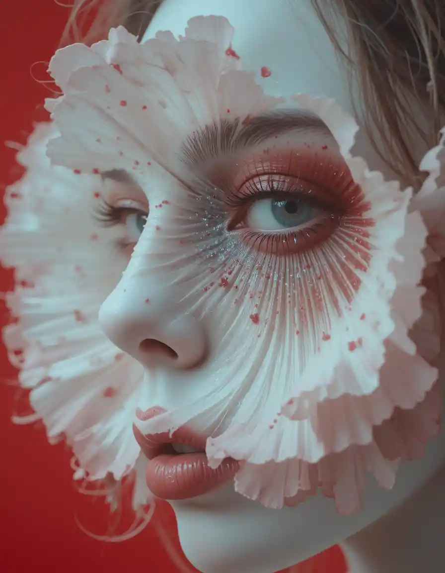 Surreal close up of a woman with a poppy flower face