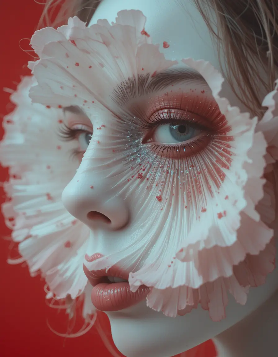 Surreal close up of a woman with a poppy flower face