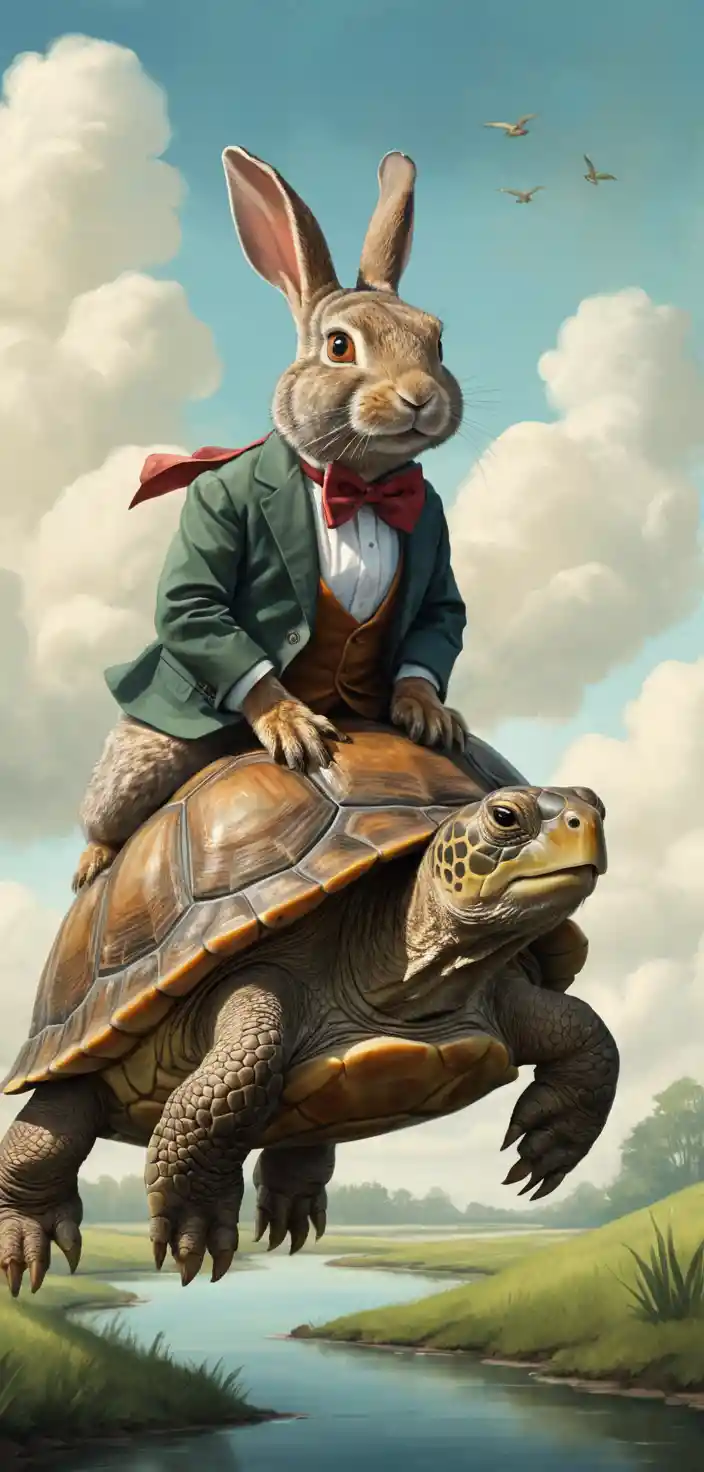 Rabbit Riding A Giant Turtle In Fantasy Sky Illustration