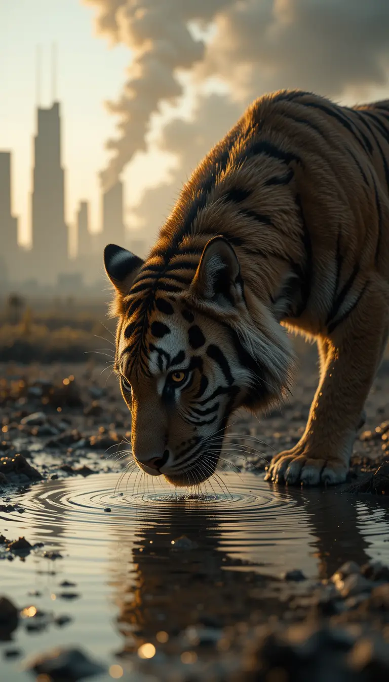 Bengal tiger drinking from puddle in ruined city