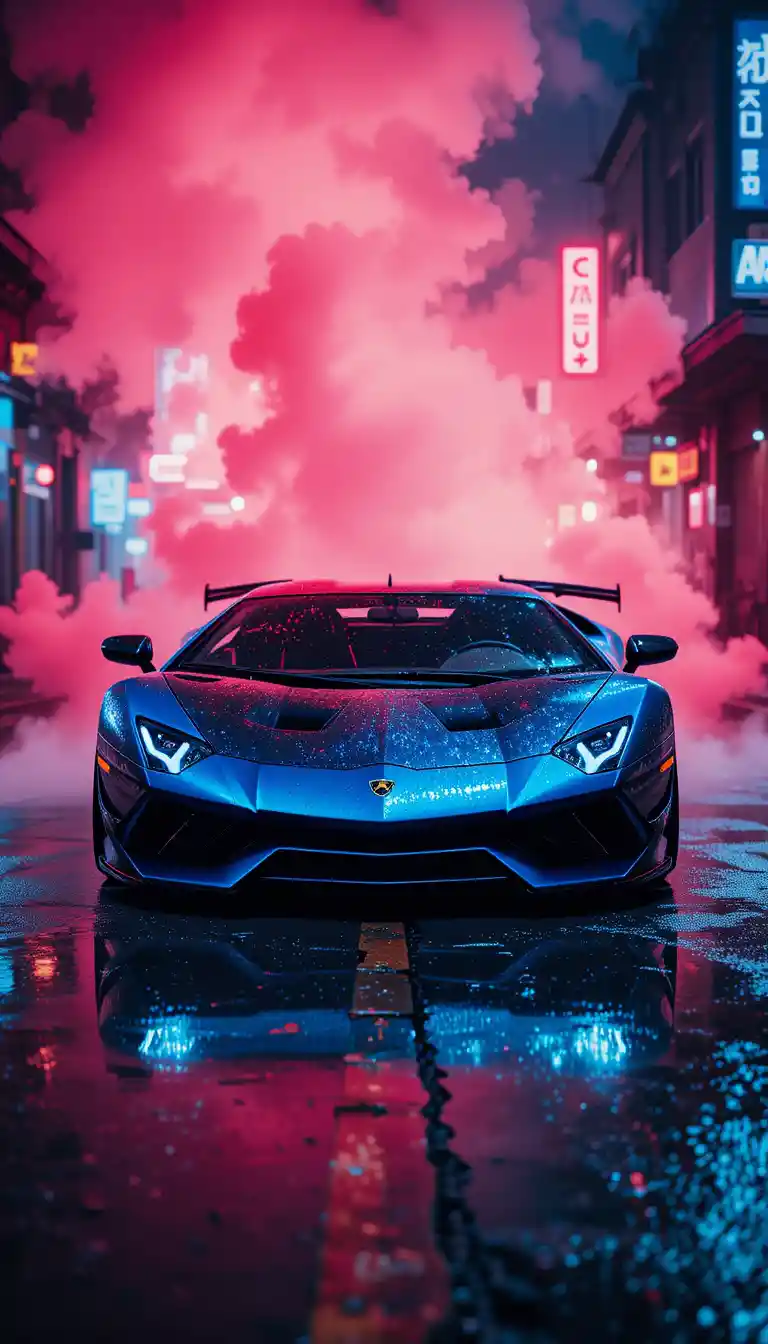 Black Lamborghini on wet city street at night