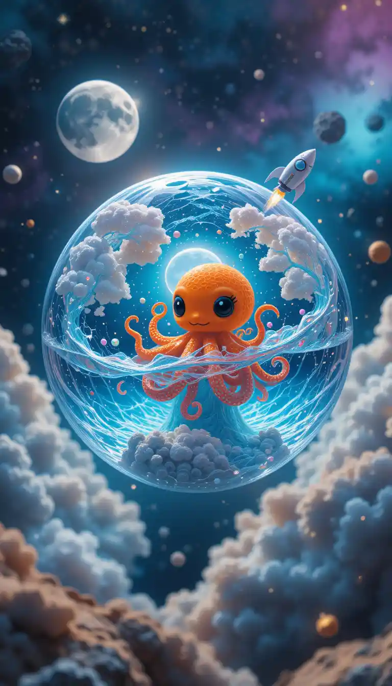 Transparente Wolken-Erdsphäre mit Baby-Oktopus im Weltraum
