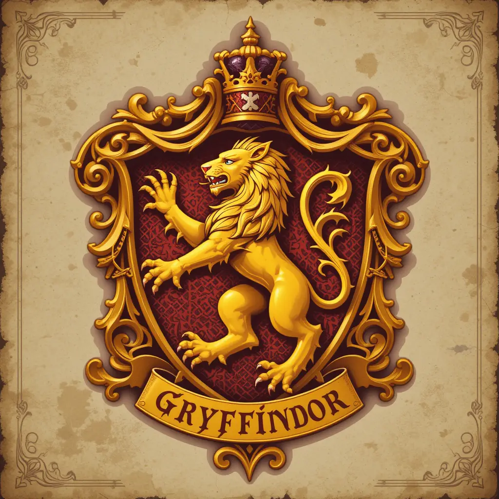 Majestuoso león dorado en escudo heráldico rojo y dorado