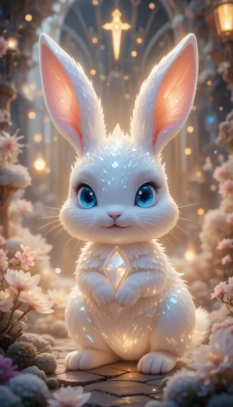 Crystal magic rabbit in glowing mystical forest illustration