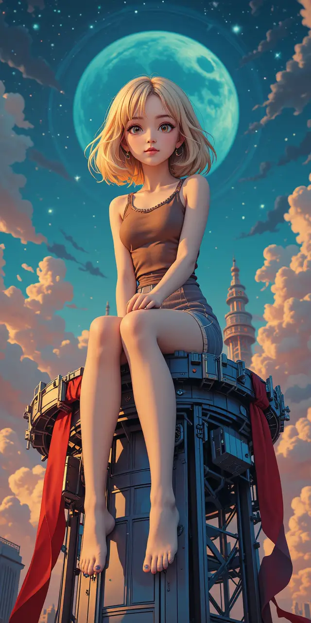 Anime girl with short blonde bob on surreal tech tower