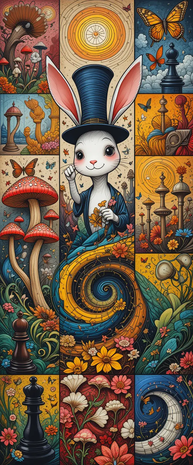 Cute cartoon rabbit in colorful wonderland chess panels