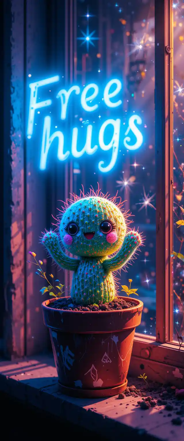Chibi cartoon cactus offering free hugs at window